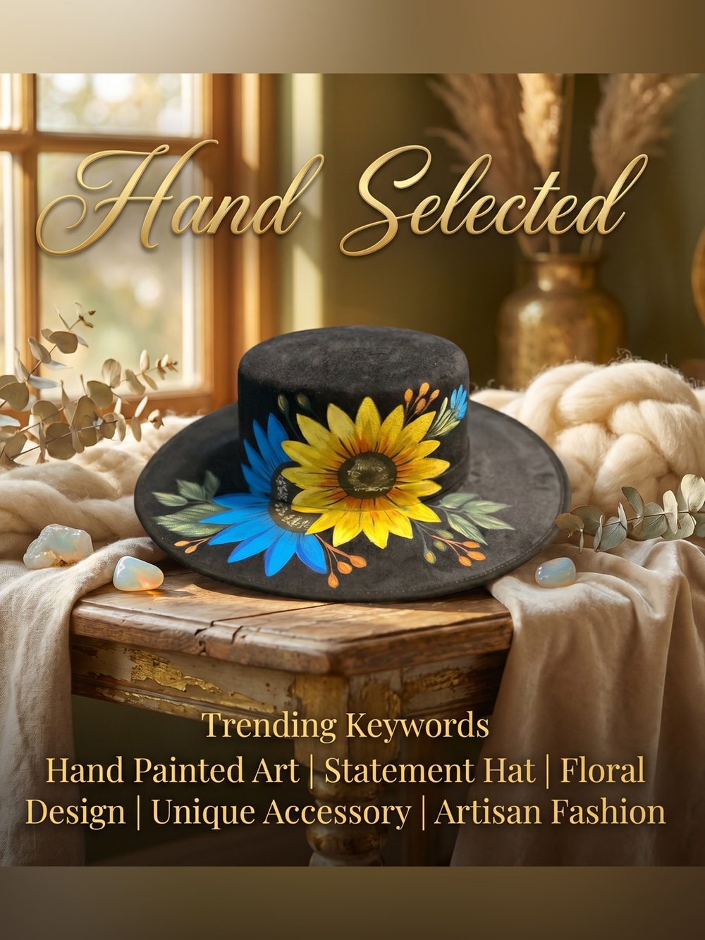 Floral hand Painted Black felt  Hat
